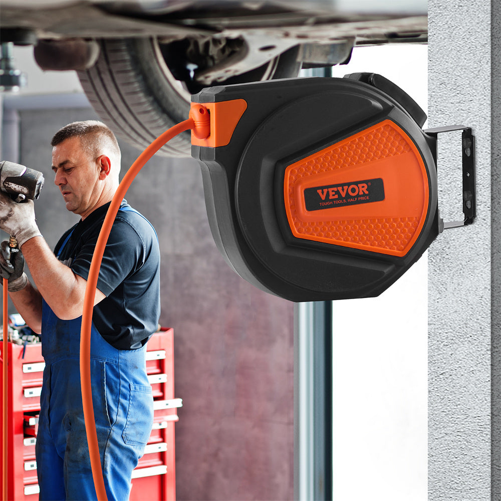 VEVOR Retractable Air Hose Reel, 3 8 IN X 50 FT Hybrid Air Hose Max 300PSI, Air Compressor Hose Reel With 5 Ft Lead In, Ceiling Wall Mount Enclosed Air Reel, 180 Swivel Mount